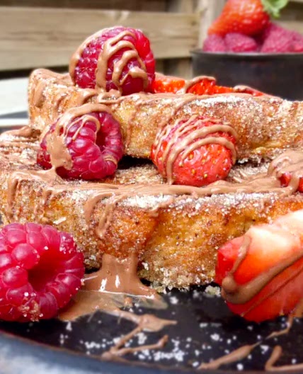 Churro French Toast (with milk chocolate, strawberries & raspberries)