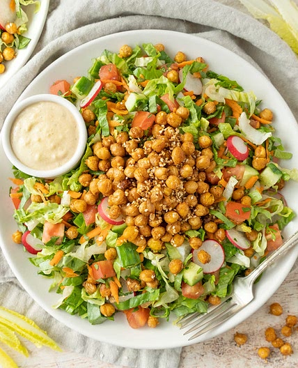Falafel-Inspired Salad with Crispy Chickpeas & Lemon Tahini Dressing