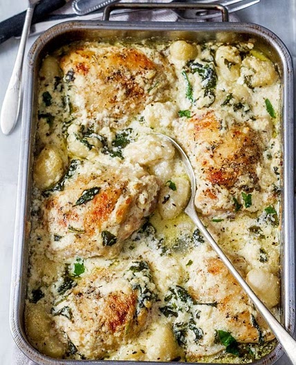 Baked Chicken Gnocchi with Garlic Asiago Cream Sauce