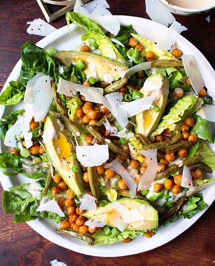 Green Caesar Salad with Avocado and Crispy Chickpeas