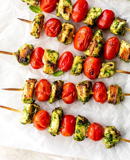 Grilled Pesto Chicken and Tomato Kebabs