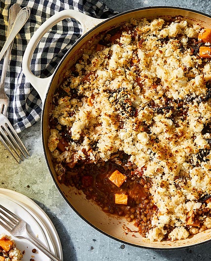 One-Pan Lentil Gratin With Sweet Potatoes & Mustard-Chèvre Crumbs