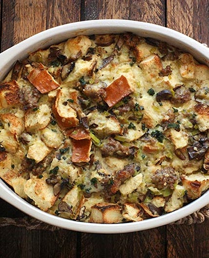 Wild Mushroom Bread Pudding with Sausage and Gruyère