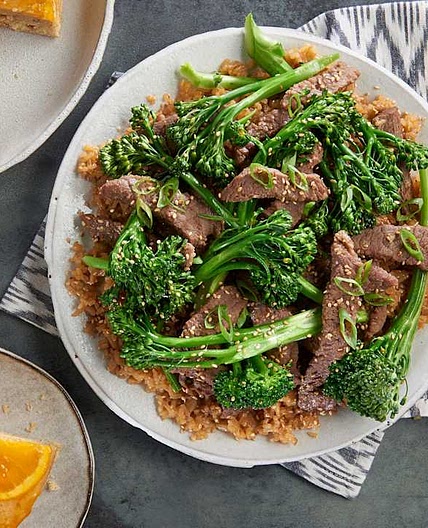 Mongolian Beef with Rice and Steamed Orange Cake