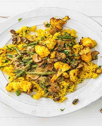Mushroom Pasanda with Roast Cauliflower and Turmeric Rice
