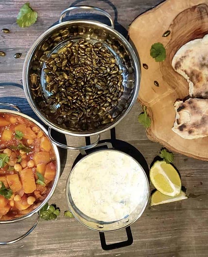 Masala Veggie Curry with Spiced Pumpkin Seeds and Mint Riata