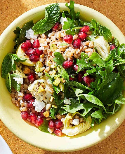 Farro Salad with Arugula, Artichokes & Pistachios