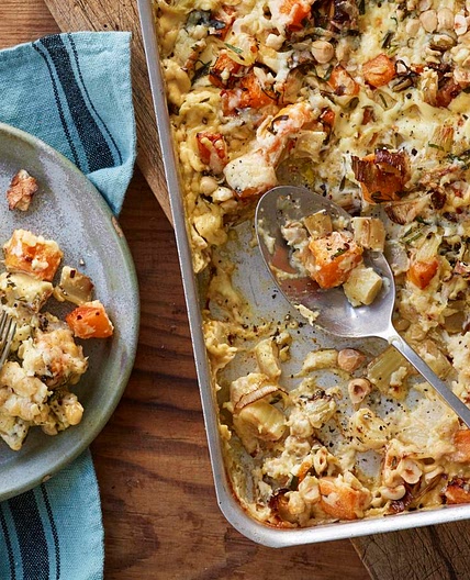 Fennel, leek and squash gratin with tarragon and hazelnuts