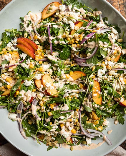 Fresh Summer Salad with Arugula, Corn & Spicy Cashew Dressing