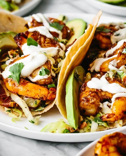 Shrimp Tacos with Cilantro Lime Bacon Slaw