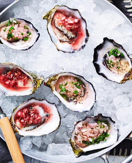 Oysters with pink and green mignonette dressings
