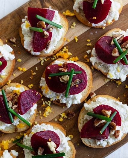 Beet, Ricotta, Walnut & Orange Zest Crostini