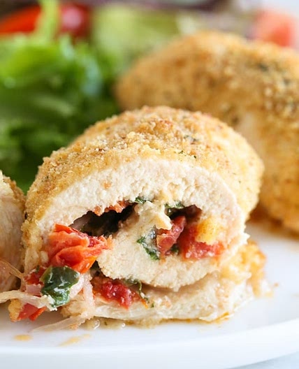 Chicken Rollatini with Sun Dried Tomato Bruschetta, Mozzarella and Spinach