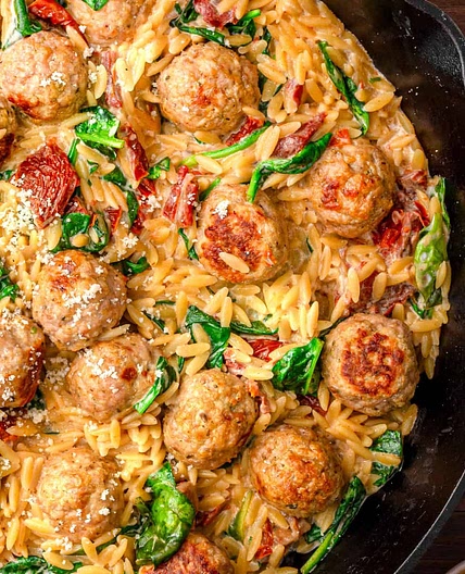 Baked Chicken Meatballs with Orzo