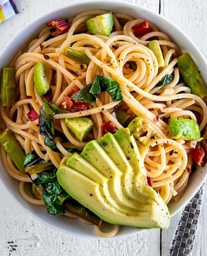 Spaghetti with Asparagus, Wilted Greens, and Avocado