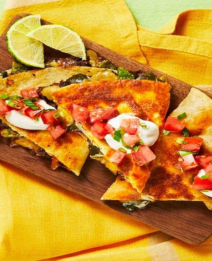 Black Bean & Poblano Quesadillas with Salsa Fresca & Lime Sour Cream
