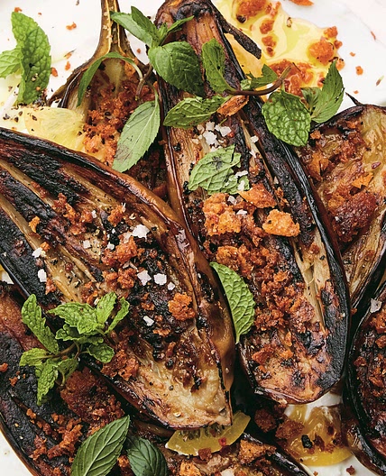 Long-Roasted Eggplant with Garlic, Labne, and Tiny Chile Croutons