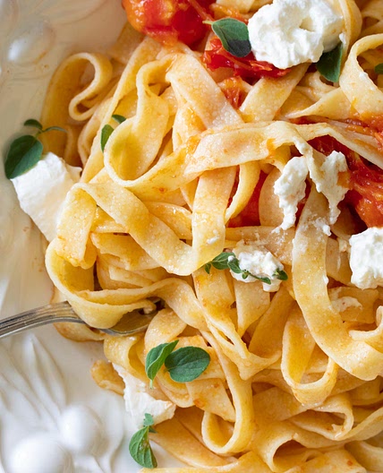 Burrata Cheese with Roasted Tomatoes and Fettuccine