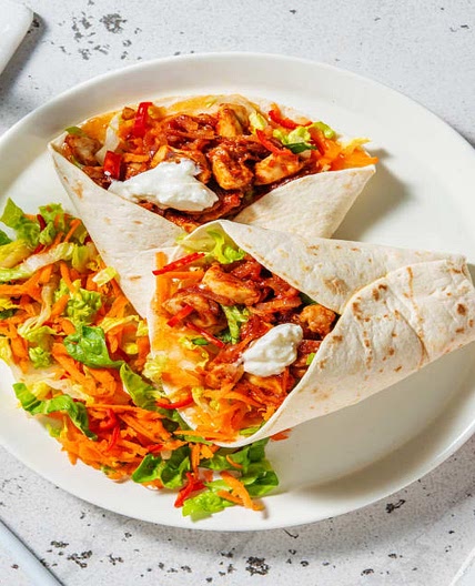 Curried Chicken Wraps with Mango Chutney, Yoghurt and Baby Gem Salad