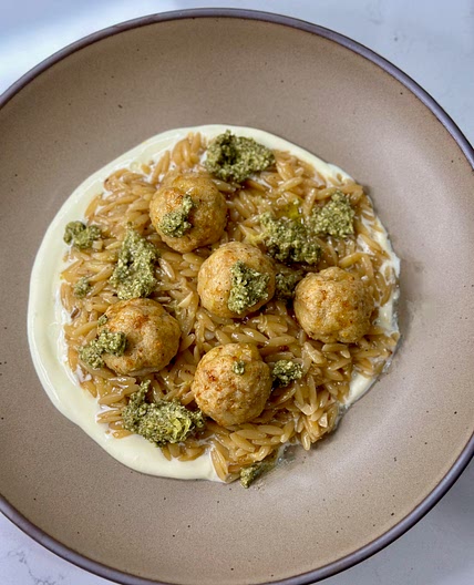 Whipped Ricotta Lemon Orzo with Chicken Meatballs and Pesto