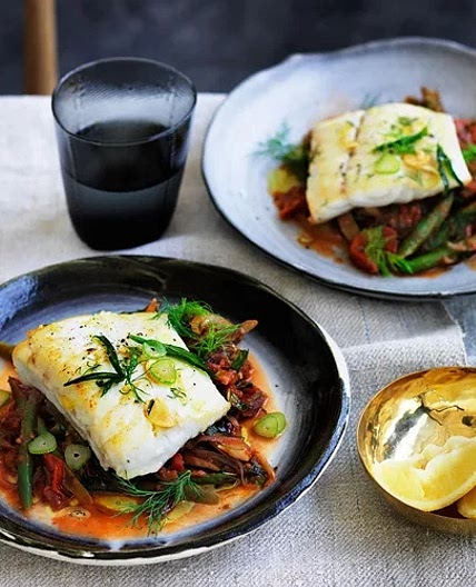 Barramundi with braised green beans, dill and mint