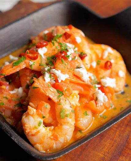 Greek Shrimp (Prawn) Saganaki recipe with Feta cheese (Garides Saganaki)