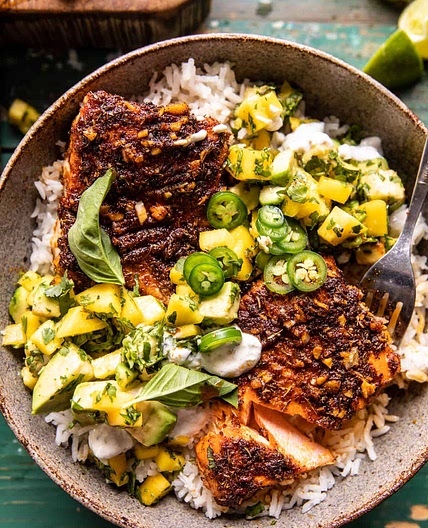 BBQ Salmon Bowls with Mango Jalapeño Sauce