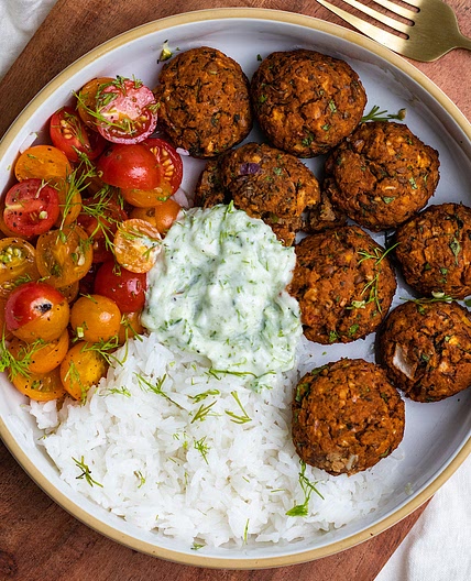 Baked Greek Lentil Meatballs with tzatziki