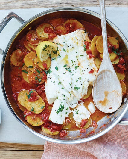 Cod with Garlicky Tomatoes and Potatoes