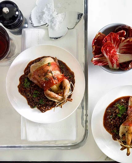 Thyme-roast quail with prosciutto and red wine lentils