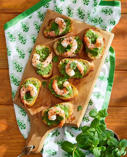 Snap Pea Pesto and Shrimp Crostini