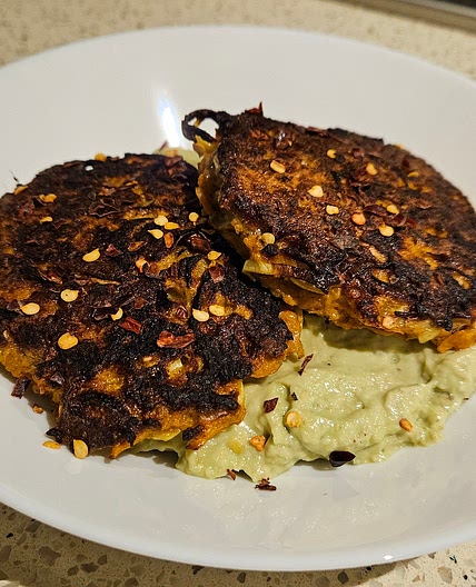 Carrot Fritters with Avocado Hummus
