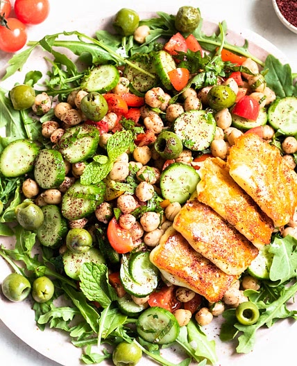 Mediterranean Chickpea Salad with Grilled Halloumi Cheese