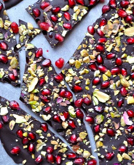 Chocolate Pomegranate Bark with Pistachios and Petals