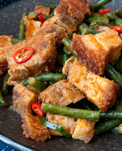 Thai Spicy Stir-Fried Crispy Pork Belly with Beans