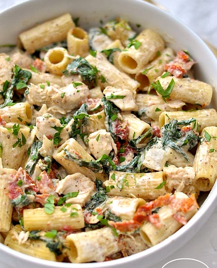 Dijon Chicken Pasta with Sun Dried Tomatoes and Spinach