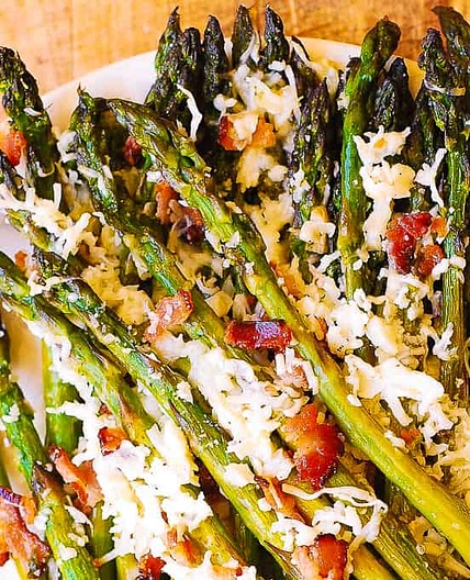 Oven-Roasted Asparagus with Asiago, Bacon, and Garlic