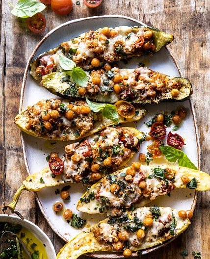 Spicy Chickpea and Cheese Stuffed Zucchini