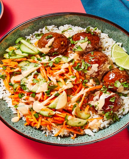 Banh Mi Meatball Bowls with Pickled Veggie Salad, Sriracha Lime Mayo & Ginger Rice