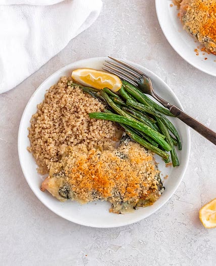 Spinach-Artichoke Chicken with quinoa / green beans