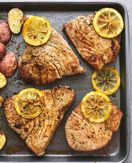 Sheet Pan Lemon Herb Tuna Steaks and Potatoes