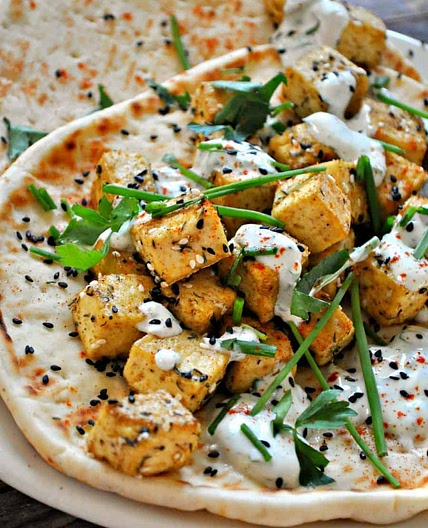 Vegan Za'atar Tofu with Herb Yogurt Sauce