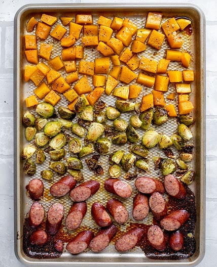 Maple Sheet Pan Smoked Sausage with Butternut and Brussels