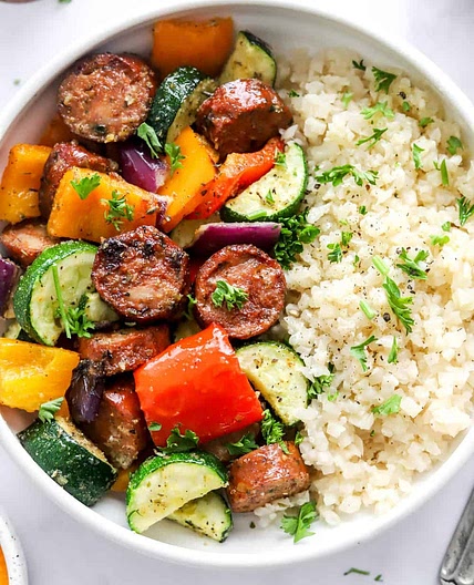 10 Minute Air Fryer Chicken Sausage and Veggies