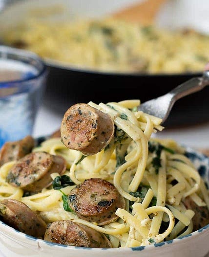 Creamy Chicken Sausage Spinach Pasta with Pesto