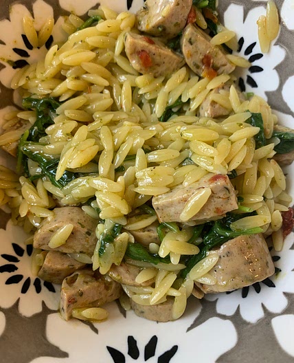 One Pan 5 Ingredient Pesto Orzo w/ Chicken Sausage