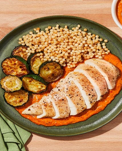 Chicken Cutlets with Smoky Romesco Sauce plus Couscous & Roasted Zucchini