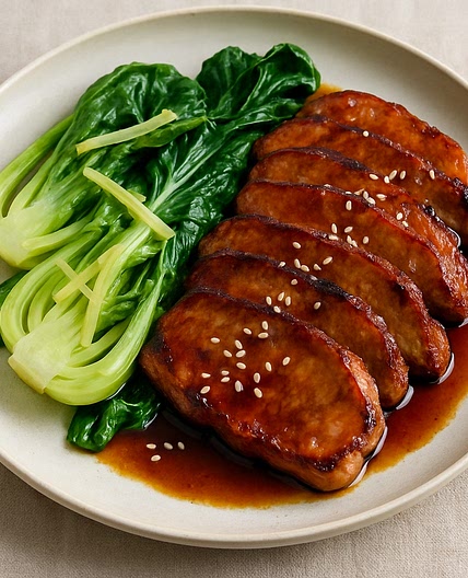 Pan-Fried Teriyaki Pork with Steamed Ginger Bok Choy