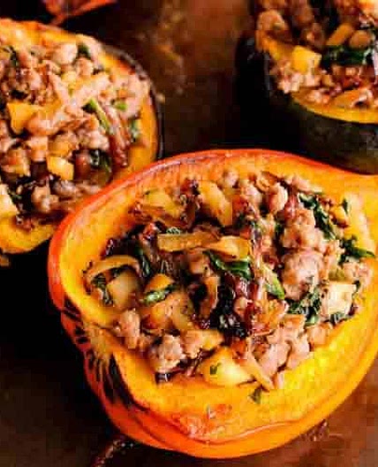Sausage Stuffed Squash with Apples, Spinach and Caramelized Onions