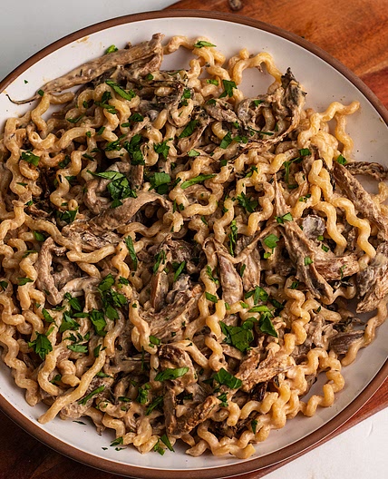 Baked Goat Cheese Oyster Mushroom Pasta